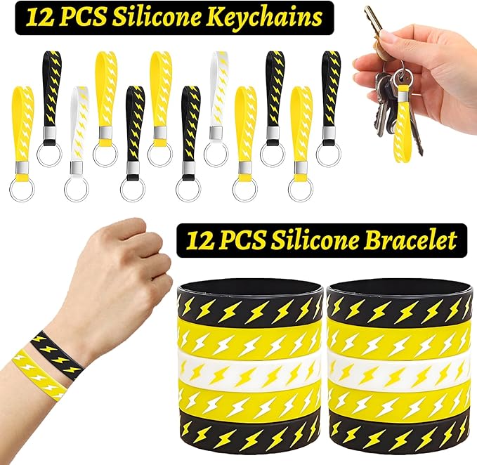 60 PCS Lightning Bolt Party Favors Temporary Tattoos, Silicone Bracelets, Badges, Keychains, Goodie Bags for Flash Lightning Bolt Birthday Decorations, Gifts for Kids