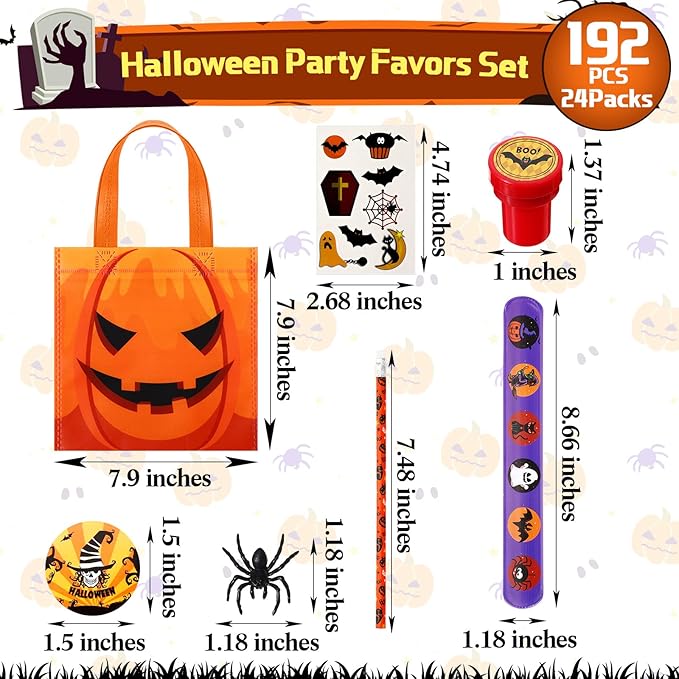 192 Pieces Halloween Party Favors Set 24 Pack Halloween Stationery for Kids Trick or Treat Toy Goody Bag Fillers Including Halloween bag Tattoo Sticker Stamper Pencil Eraser Spider Slap Bracelet
