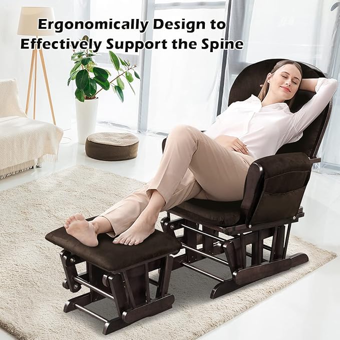 Costzon Glider and Ottoman Set, Wood Glider Rocker for Nursery, Upholstered Comfort Nursing Rocking Chair with Storage Pocket, Padded Armrests & Detachable Cushion, Easy to Assemble (Brown)