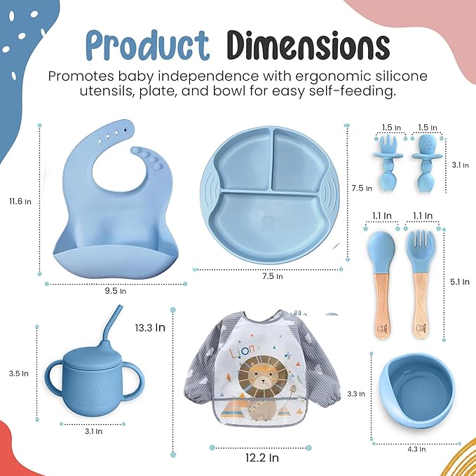 Silicone Baby Feeding Set, Eating Utensils with Suction Plate and Bowl, Baby Led Weaning Supplies, Toddler Self Feeding Dish Set with Waterproof Full Sleeve Bib, Spoon, 10pcs (Blue)
