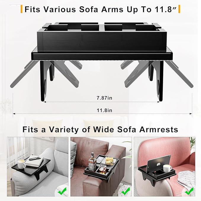 Bamboo Couch Cup Holder Tray - 2 in 1 Couch Armrest Table with Be Slide-Away Detachable Double Holder - Foldable Sofa Armchair Caddy for Drinking Snacks iPad TV Remote (Black)