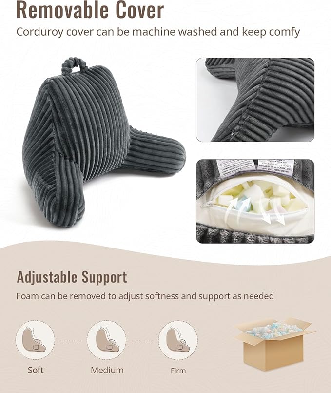 Blissful Diary Reading Pillow for Sitting in Bed, Flannel Back Pillow Bed Sitting Up for Adult & Children, Backrest Cushion for Sit Up in Couch or Floor, Dorm Essentials, Dark Gray