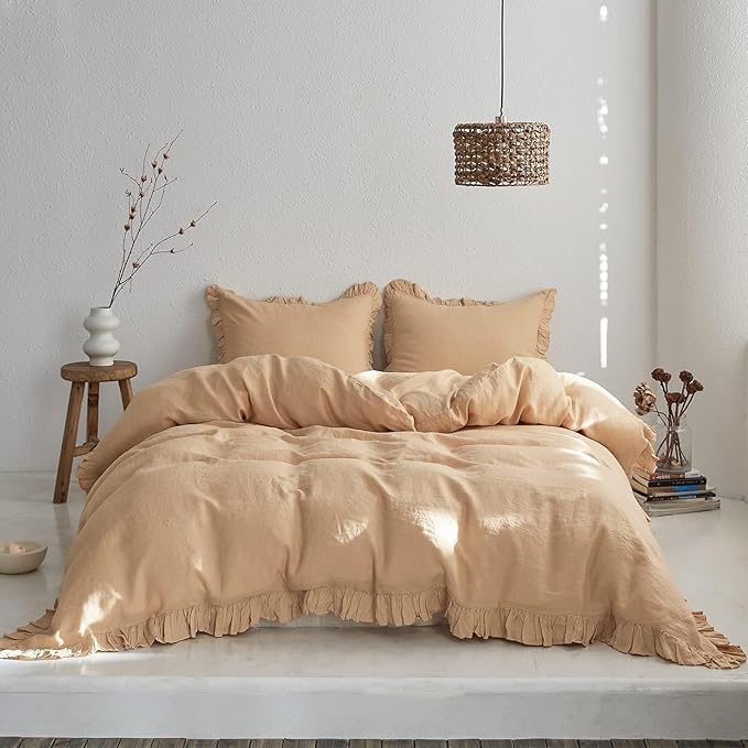 Simple&Opulence 100% Linen Duvet Cover Set, 3 PCS Natural French Flax Sand Ruffle Duvet Cover Full Size, Breathable Comfy Linen Bedding Comforter Cover with 2 Pillowcases (Sand, 78" X 86")