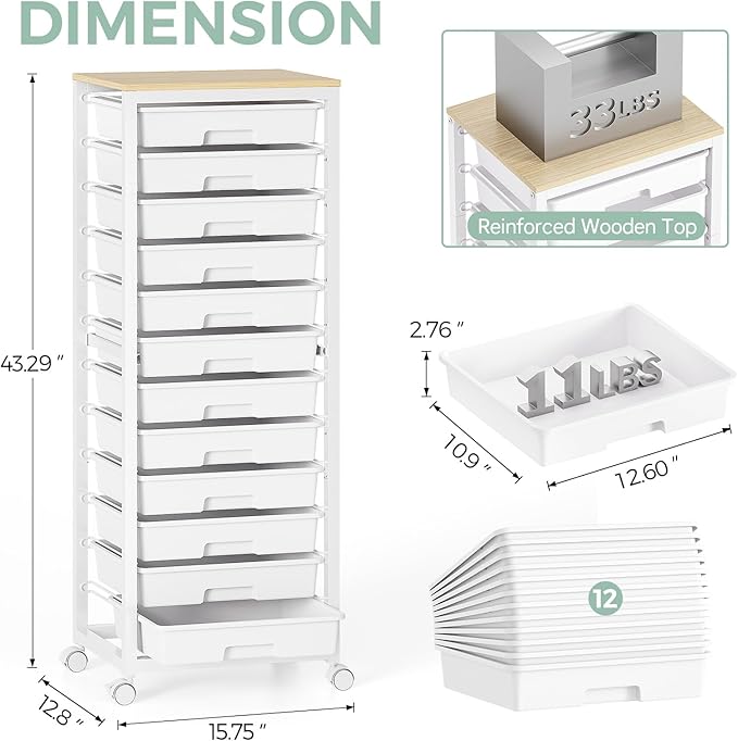 Rolling Cart with Drawers,12 Drawer Rolling Cart,Rolling storage cart with drawers,White Rolling Drawer Cart,Teacher Rolling Cart for Classroom Storage,Craft Cart with Wooden Tabletop