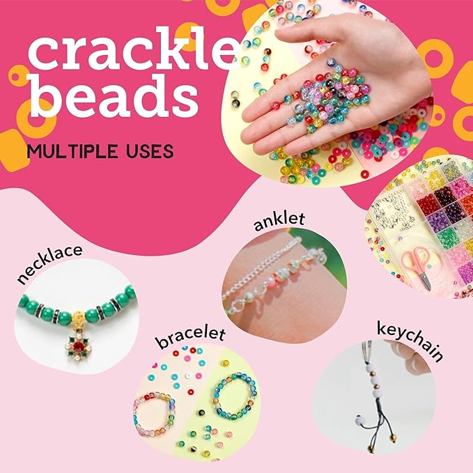 Incraftables Crackle Glass Beads 1100pcs 24 Colors. Crystal Beads for Jewelry Making Kit (6mm) for Bracelets Making for Kids & Adults with Elastic String & Organizer.