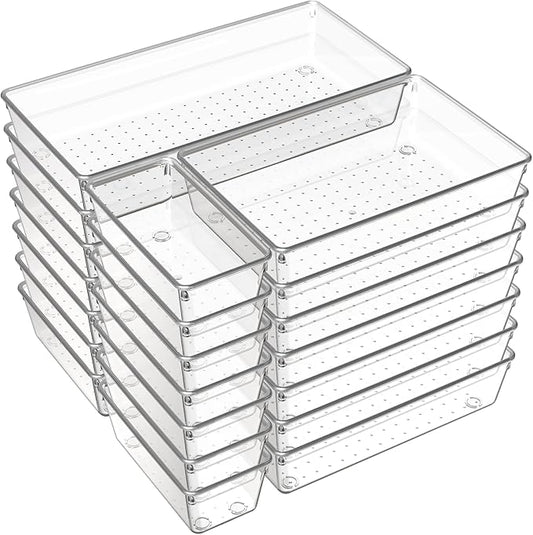 Criusia 21 Pack Large Clear Plastic Drawer Organizer Trays | BPA-Free Acrylic Organizer Bins for Large Kitchen Utensils, Bathroom, Makeup, Jewelries, Office Desk, School Supplies, Perfume