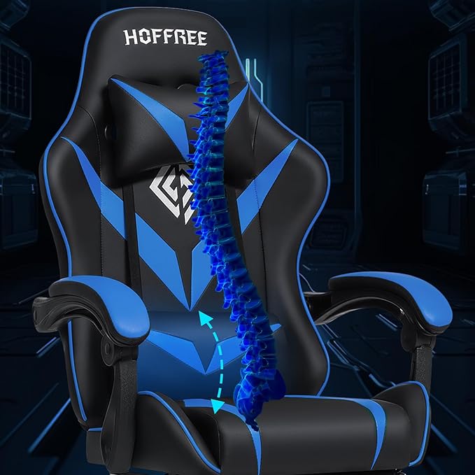 HOFFREE Massage Gaming Chair for Kids Computer Gamer Chair with Footrest and Lumbar Support Reclining PC Game Chair with Headrest for Gaming Room Blue and Black