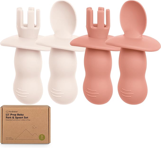 KeaBabies 4-Pack Silicone Baby Spoons and Forks Set - Baby Spoon Self Feeding, BLW Baby Utensils 6-12 Months,Baby Led Weaning Feeding Spoon,Teething Infant Baby First Food Training Pre Spoon (Roseate)