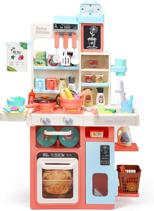 HOLYFUN Kids Kitchen Playset, Kitchen Set for Toddler with Sound and Light, Cooking Stove with Steam, Play Sink and Toy Kitchen Accessories, Pretend Kitchen Toys for Kids Girls Boys, Pink