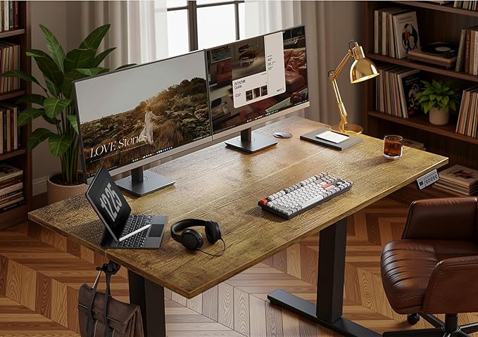 Seang Electric Height Adjustable Standing Desk, 55 x 24 Inch Sit Stand Desk with T-Shaped Frame, 3 Memory Presets & Cable Management for Home Office Computer Workstation, Black Frame/Rustic Brown Top