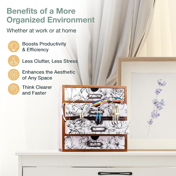 Vintage Desk Organizer with 4 Black & White Floral Drawers - Wooden Storage Shelf Drawer for Tabletop - Wood Desktop Organizing Box Cabinet - Black & White Monochrome Botanical Toile de Jouy