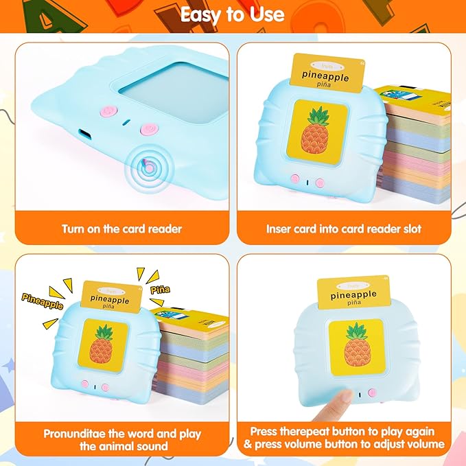 Bilingual Talking Flash Cards with 385 Sight Words (English/Spanish, Letters and Numbers), Montessori Educational Learning Interactive Toddler Toys, Speech Therapy Autism Sensory Toys, Blue