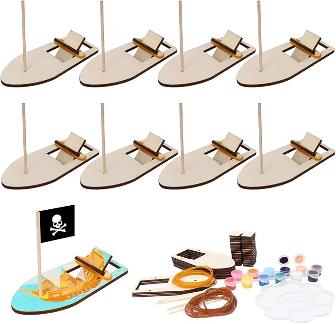 Fennoral 8 Pack Wooden Boat Crafts for Kids Make You Own Sailboat Model Kits DIY to Build and Paint Wood Rubber Band Paddle Boats Toy for School Art Projects Birthday Gifts