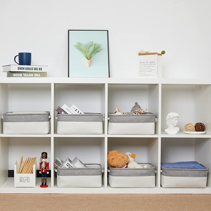 Bidtakay Small Fabric Storage Bins for Closet & Bathroom - Set of 6 Grey & White Baskets - Organizers for Pantry & Kids' Bedroom