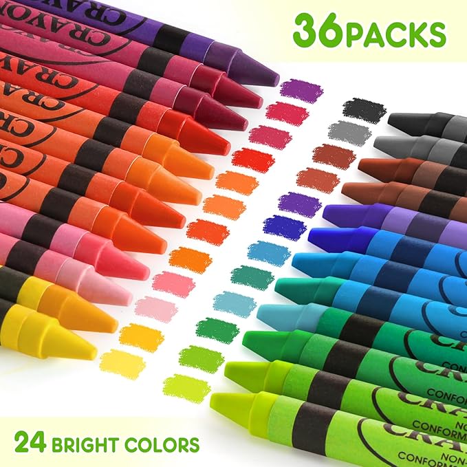 Crayons 24 Count, 36 Pack Crayons Bulk of Assorted Colored, Crayons for Toddlers and Kids, Back to School Supplies for Kids, Durable & Non-Toxic Travel Crayons Party Favors for Classroom & Home