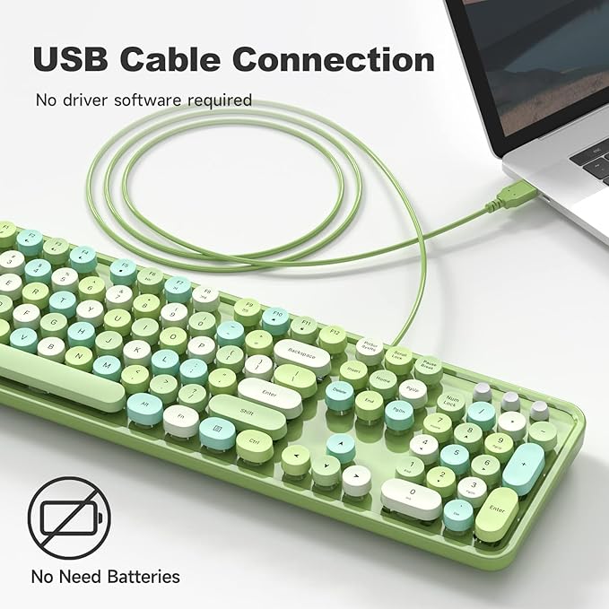 Computer Keyboard Wired, Plug Play USB Retro Round Typewriter Keyboard, Full Size Wired Keyboard with Foldable Stands for Laptop and Office PC - Green Colorful