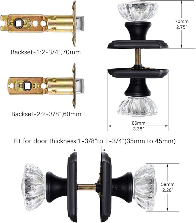 CLCTK Passage Glass Door Knobs Interior, Antique Crystal Door Knobs for Hall and Closet, Matte Black