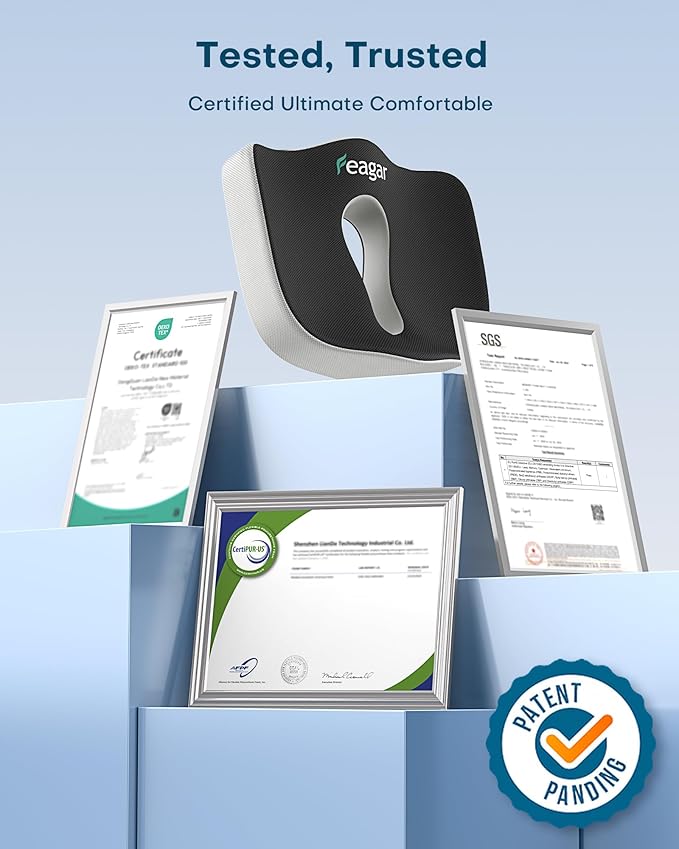 Feagar X Large Memory Foam Seat Cushions for Office Chairs Desk, Chair Cushion Tailbone Pain Relief Extra Dense Hip Sciatica Car Seat Cushion for Long Sitting Blue