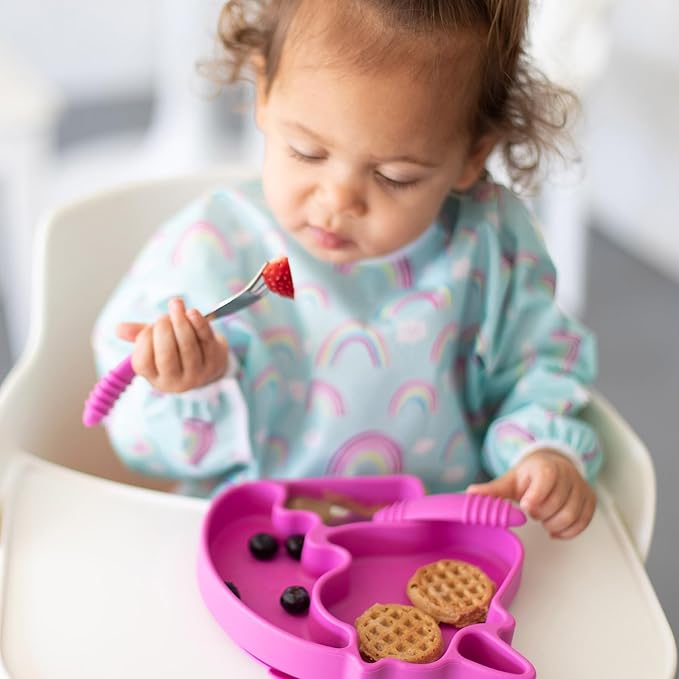 Bumkins Toddler Utensils, Kids Size Fork and Spoon Set, Silicone and Stainless-Steel Training Silverware, Angled Forks / Sporks for Self-Feeding, Children Hold Learning to Eat, 18 Months Up, Fuchsia