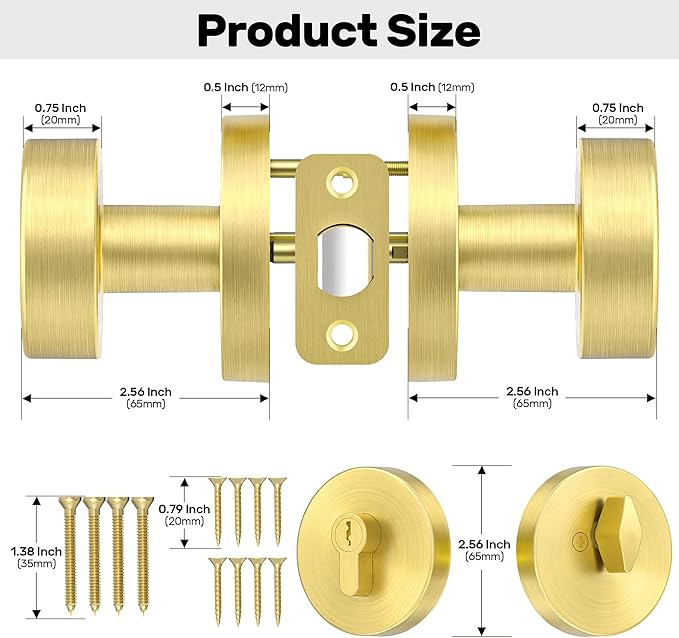 Gold Door Knob with Deadbolt Lock, Satin Brass Front Door Handle with Deadbolt Lock Set, Round Deadbolt and Exterior Door Knob with Key