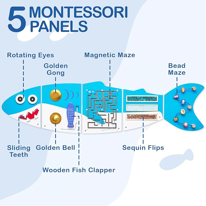 Monläurd® Shark Montessori Busy Sensory Educational Activity Cube, Wall Furniture, Interactive Wooden Learning Toys for Boys and Girls 6M+