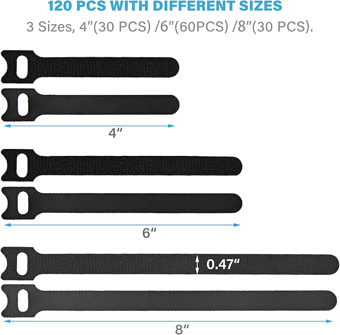 NBTORCH 120 PCS Reusable Cable Ties with Hook and Loop, Multi-purpose Adjustable Cable Management Wire Ties Cable Straps for Organizing Home, Office and Data Centers (Black, 4"-6"-8")