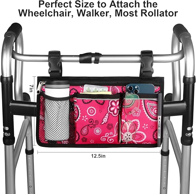Wheelchair Side Bag, Upgrade Flower Color Wheelchair Armrest Storage Pouch with Cup Holder and Reflective Strip, Made with Waterproof Fabric, for Most Wheelchairs, Walkers and Rollators (Red Floral)