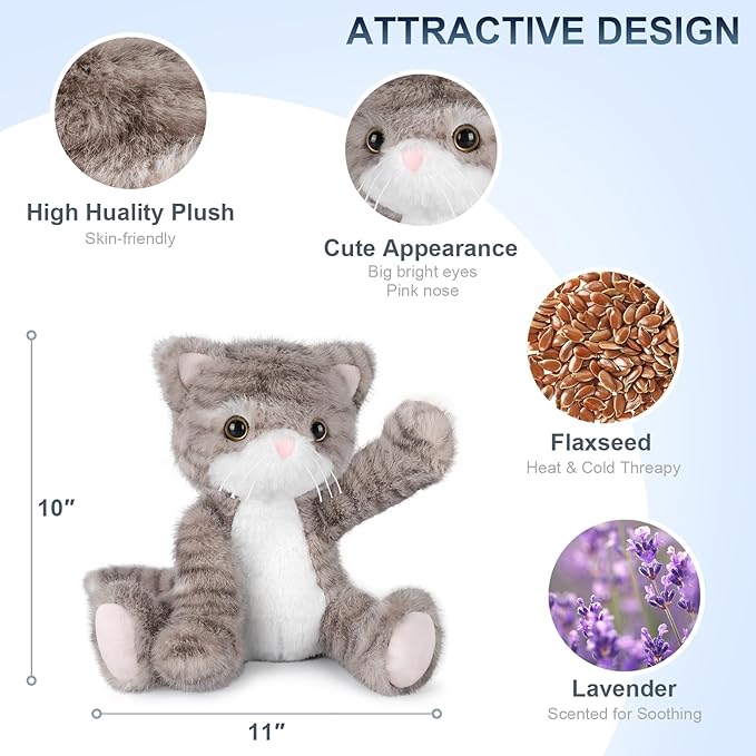 Heatable & Coolable Grey Cat Stuffed Animal, Cat Heating Pad Microwavable for Soothing & Relaxation, Lavender Scented Cat Plush Toy for Stress Relief, Stuffed Cat Toys for Kids