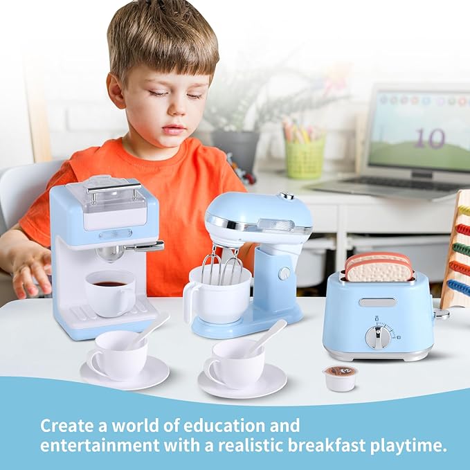 Ehome Play Kitchen Toys Kids Kitchen Accessories Pretend Play Kitchen Appliances Toy Set with Coffee Maker, Mixer, Toaster for Kids Ages 4 5 6 7 8 Girls, Birthday Gifts for Kids, Blue