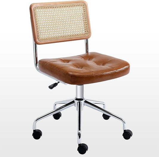 Zesthouse Mid Century Home Office Chair Leather Desk Chair with Rattan Back, Vanity Chair for Girls Women, Upholstered Swivel Chair, Adjustable Height Computer Task Chair
