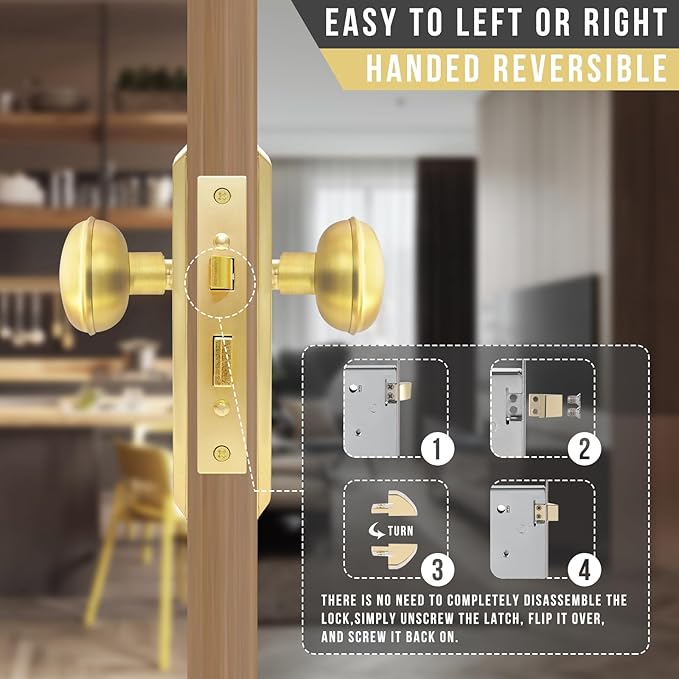 Vintage Door Knob with Lock for Interior Doors Polished Gold, Antique Brass 1 Pack Mortise Lock Set, Old Fashioned Bathroom & Bedroom with Skeleton Key for Old House Doors