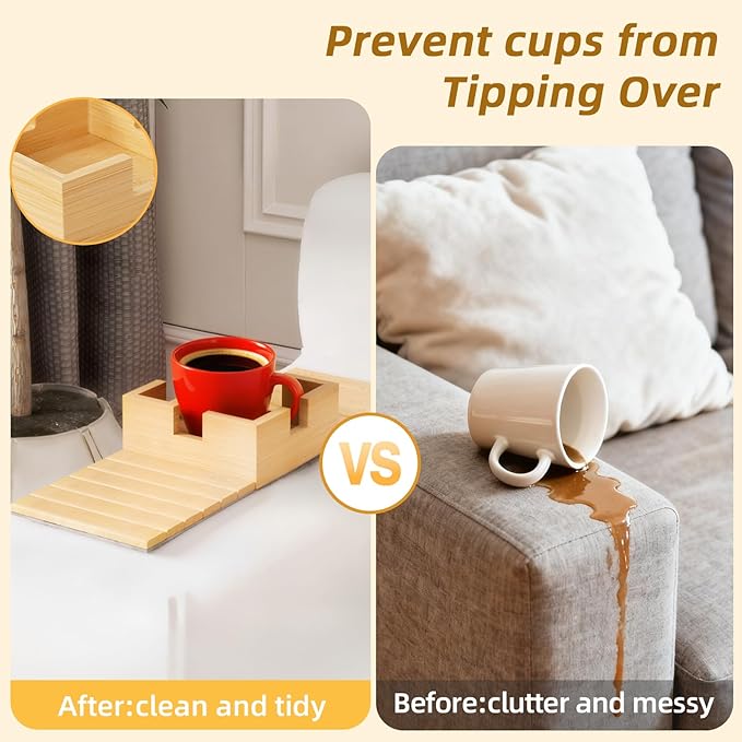 Bamboo Couch Cup Holder & Armrest Tray - Extend Your Comfort with a Secure Drink Slot and Snack Space for Recliner, Loveseat, or Sofa