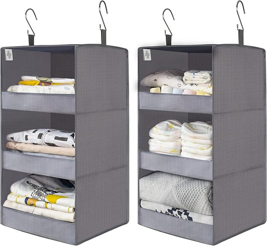 GRANNY SAYS 3-Shelf Closet Organizers and Storage, Foldable Hanging Closet Organizer, Hanging Closet Shelves with 2 Metal Hooks, Leak-Proof Closet Hanging Organizer for Locker & Camper, Gray, 2-Pack