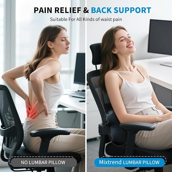 Mixtrend Travel Lumbar Pillow – Inflatable Memory Foam Back Support Pillow for Airplane, Car, Office, Long Flight, Ergonomic Travel Cushion for Lower Back Pain Relief – for Men, Women, Kids, Black