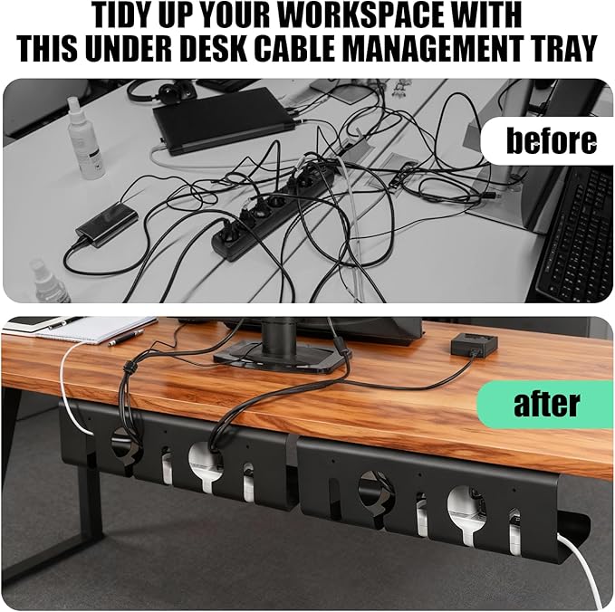 2 Pack Under Desk Cable Management Tray, 16.5" L x 4.7" W x 4.3" H, Wire Organizer for Power Strip, Tape Mount or Screw Mount, Easy Install Cord Raceway for Desk & Home