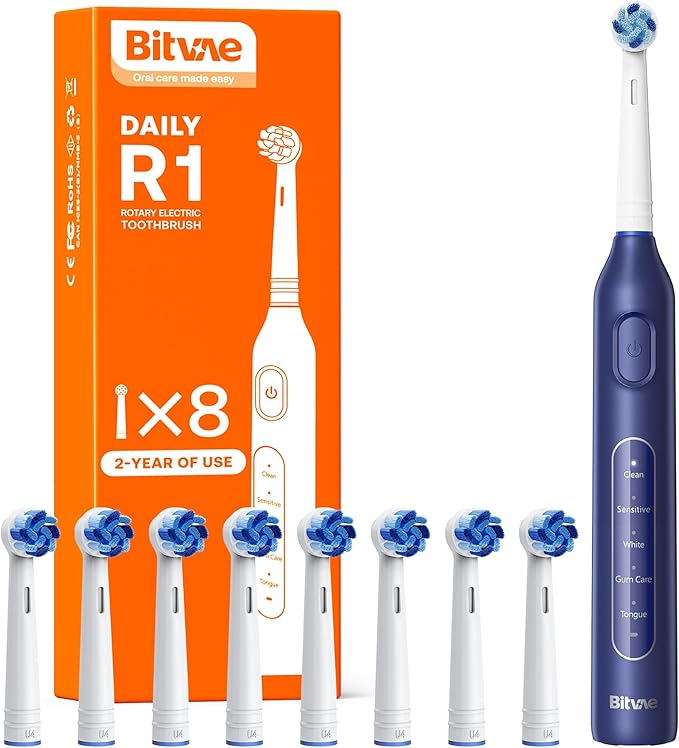 Bitvae R1 Rotating Electric Toothbrush with 8 Brush Heads for Adults and Kids, 60-Day Battery Life, 5 Modes Rechargeable Power Toothbrush with 2-Minute Smart Timer, Dark Blue