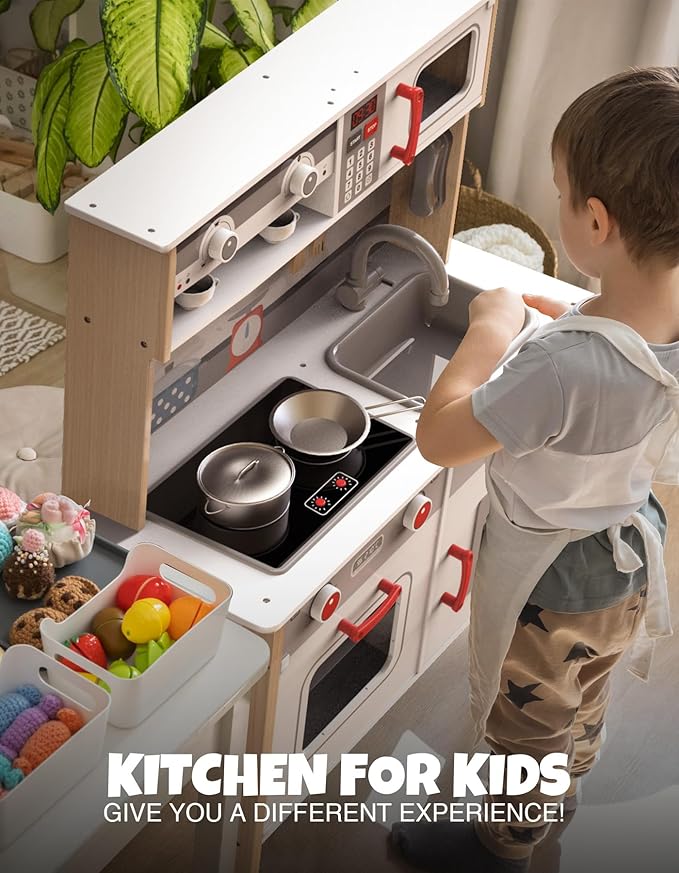JOYOOSS Kids Play Kitchen Playset, Wooden Play Kitchen Kids Kitchen Playset Toy Toddler Kitchen Playset with Real Lights & Sounds, Play kitchen for toddlers 1-3 and Play Kitchen Sets for Kids Ages 4-8