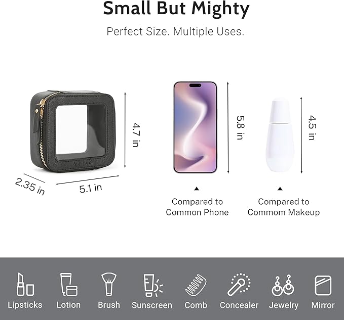 Aveniee Mini Clear Makeup Bag, Small Cosmetic Bags Travel Toiletry Pouch Organizer, TSA Approved Make up Case with Zipper, Car Bag for Essentials,Black