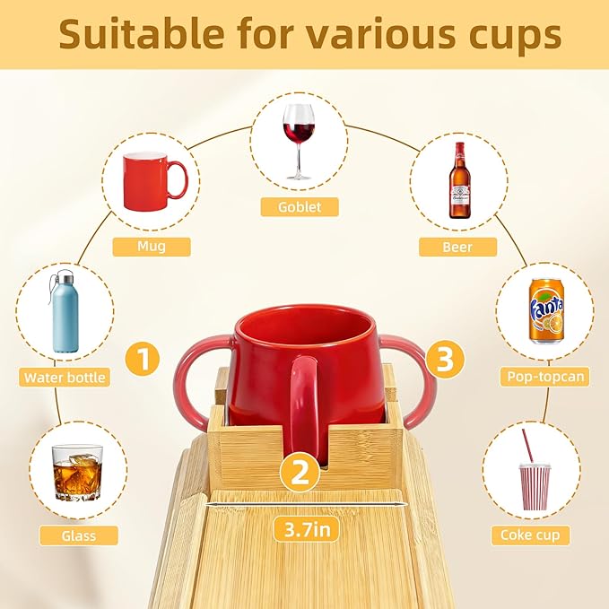 Bamboo Couch Cup Holder & Armrest Tray - Extend Your Comfort with a Secure Drink Slot and Snack Space for Recliner, Loveseat, or Sofa (Large)