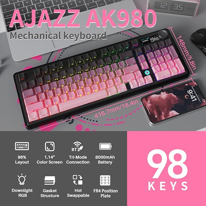 NACODEX Ajazz AK980 Pink Gaming Machanical Keyboard Gift Switch Full Size RGB Gasket Mount Triple Modes Custom Keyboard with Five Layer Pad | Knob Control