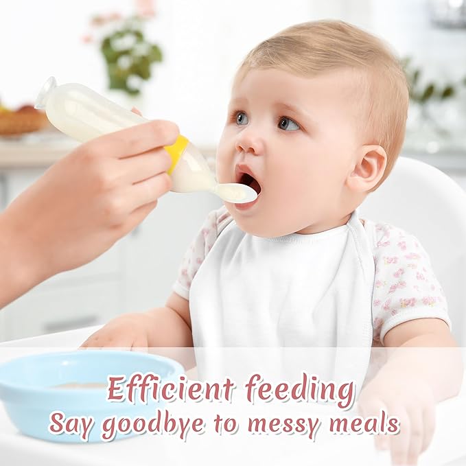 Baby Food Feeder Silicone Baby Food Dispensing Spoon-WAJIAYON, 3 oz Squeeze Feeding Spoons with Suction Cup for Boys Girl Kids Toddlers - Self Feeding Bottle Spoon -Yellow