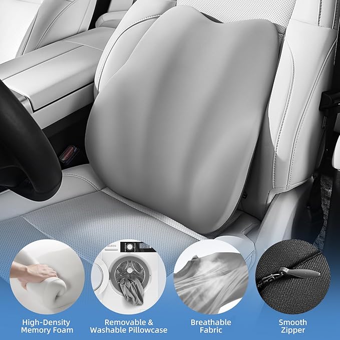 BEBAS Lumbar Support Pillow for Car, Memory Foam Back Cushion for Driving, Ergonomic Lumbar Pillow for Pain Relief, Comfort Lower Back Support for Office Chairs, Car Seat, Wheelchair -Gray