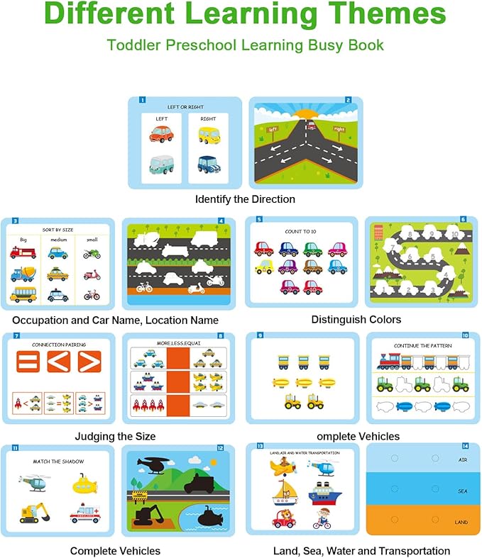 Preschool Montessori Toys for Toddlers, Vehicle Busy Book Learning Toys for Kids Toddlers Preschool Learning Activities, Autism Sensory Educational Toys for Boys & Girls Christmas Birthday Gifts
