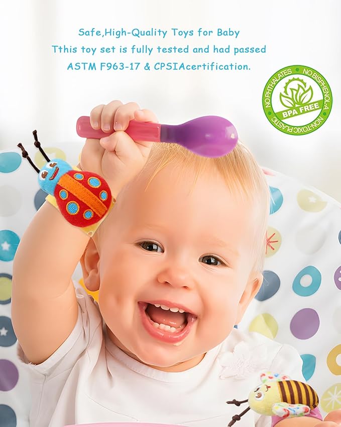 BLOOBLOOMAX Baby Hanging Rattle, Wrist Rattles Foot Finder Rattle Sock, Hand and Feet Rattle Toy, Newborn Present Baby Shower Birthday Gift Set for0 3 6 9 12 24 to 36 Months Babies(12 E)