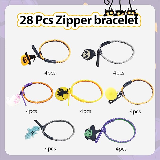 Kids Halloween Party Favors Zipper Bracelets, 28 Pack Glow in the Dark Halloween Zipper Wristbands for Kids Halloween Gifts, Halloween Giveaways, Halloween Goodie Bag Fillers, Kids Halloween Supplies