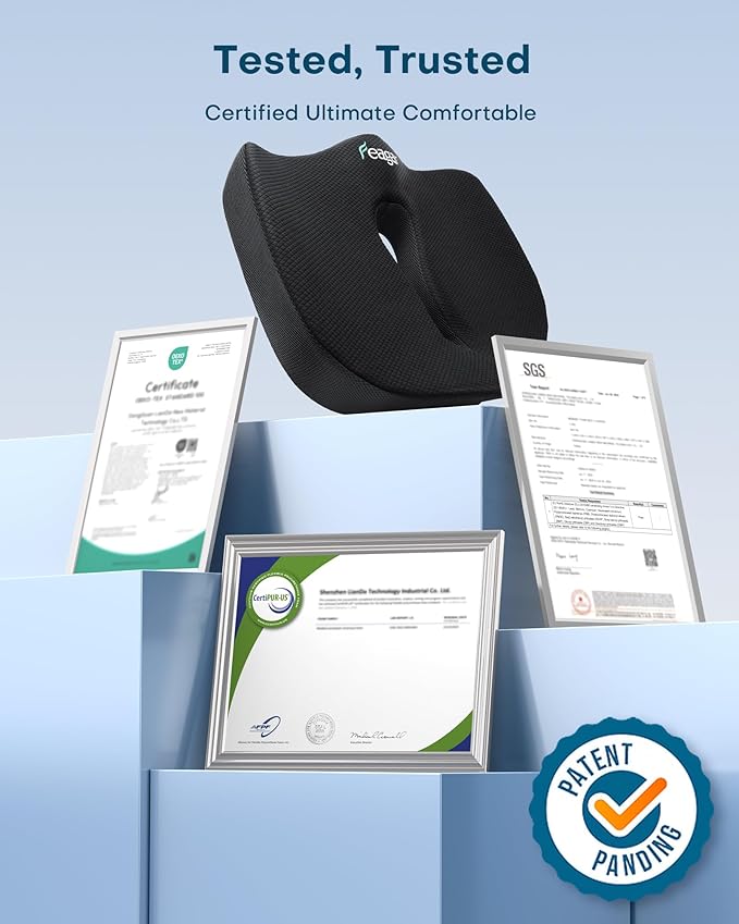 Feagar X Large Memory Foam Seat Cushions for Office Chairs Desk, Chair Cushion Tailbone Pain Relief Extra Dense Hip Sciatica Car Seat Cushion for Long Sitting Black