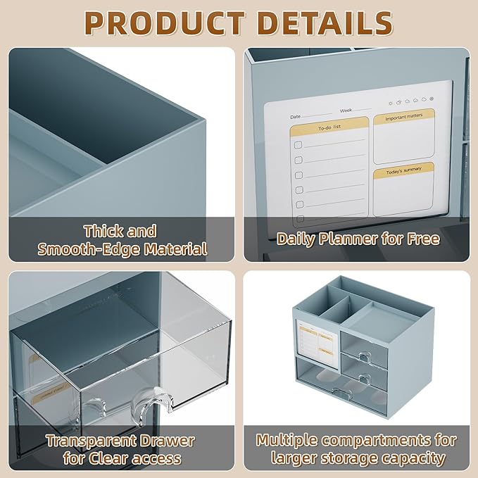 Marbrasse Desk Organizer with 3 Drawer, Multi-Functional Pencil Pen Holder for Desk, Desktop Organizer Storage for Office Home Art Supplies (Blue)