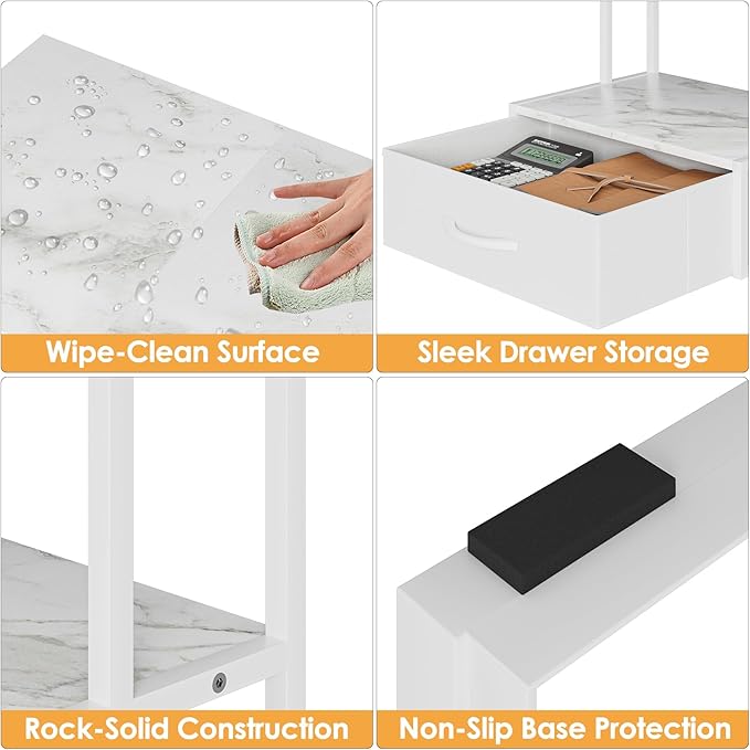 Masupu Printer Stand for Desk, Printer Table with Fabric Storage Drawer, 2 Tier Desktop Shelf, Multi-Purpose Desk Organizer for Home Office, 3D Printer, Fax Machine, Scanner, Marble White