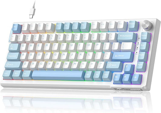 MageGee SKY81 75% Mechanical Gaming Keyboard, Hot Swappable Wired Custom Creamy Keyboards with 5-Layer Sound Dampening, Knob Control, RGB Backlit, NKRO for Win/Mac (Ice Sea Blue, Pink Bear Switch)
