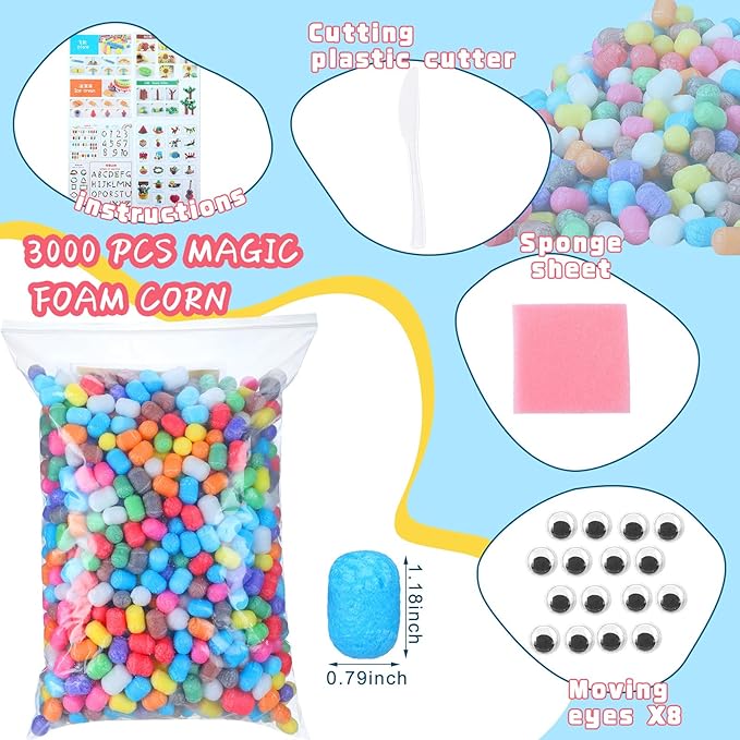 Junkin 3000 Pcs Magic Foam for Crafts Bulk Puffs Corn Craft Kit Christmas Gift for Preschool DIY Kindergarten School Stem Building Model Toys Stimulates Creativity Supplies Crafts